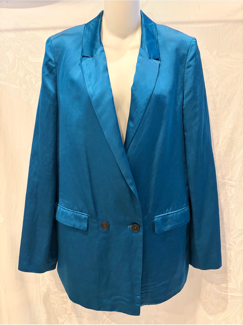 Italian GIADA-FORTE Teal Satin Double Breasted Blazer II M 6 Drycleaned FORTE